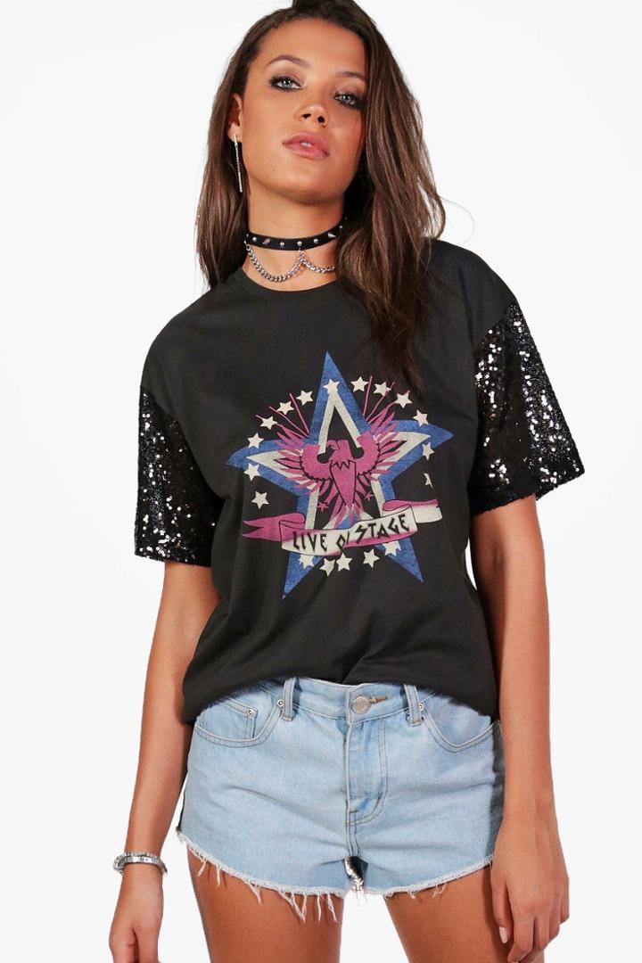 Boohoo Tall Zarita Oversized Sequin Sleeve T-shirt Grey