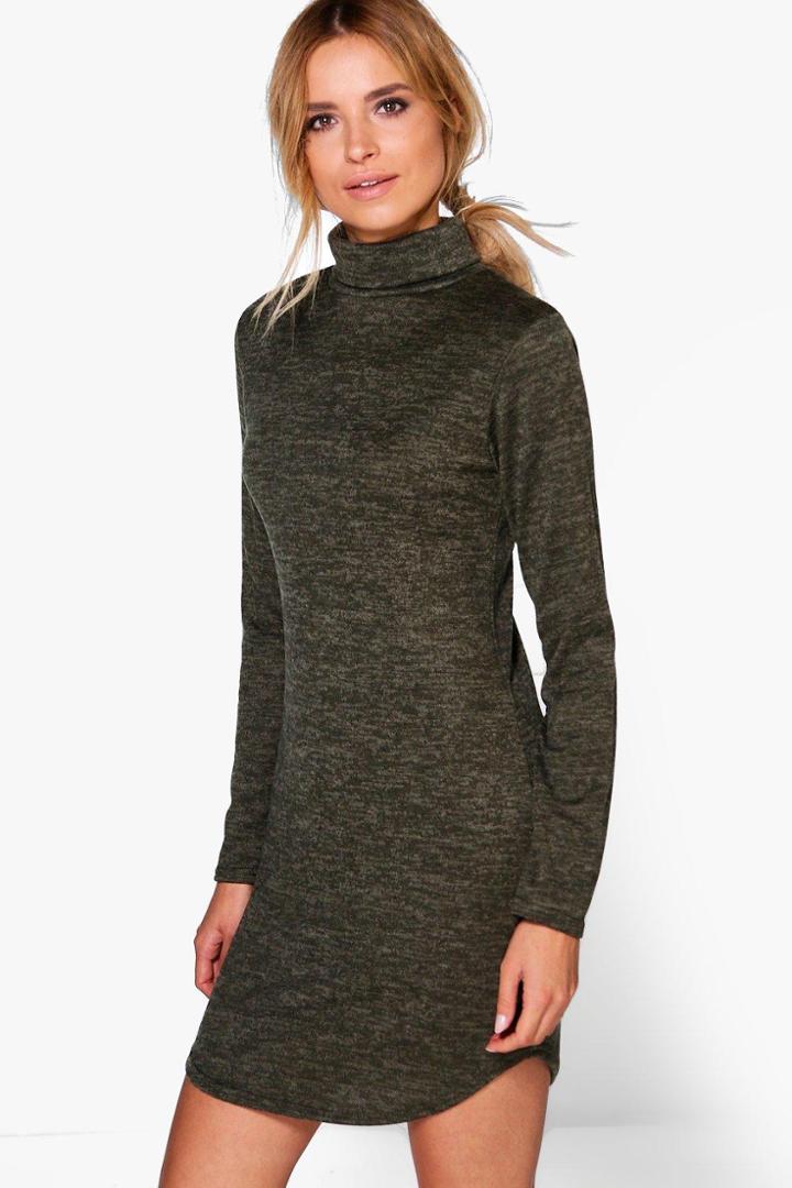 Boohoo Lacey Roll Neck Brushed Knit Dress Khaki