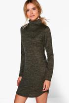 Boohoo Lacey Roll Neck Brushed Knit Dress Khaki