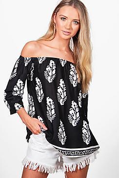 Boohoo Nia Mono Printed Woven Off The Shoulder Top