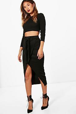 Boohoo Holly Wrap One Tie Waist Midi Skirt
