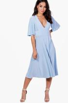 Boohoo Daniella Angel Sleeve Midi Skater Dress Sky
