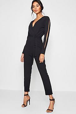 Boohoo Split Sleeve Wrap Over Smart Jumpsuit