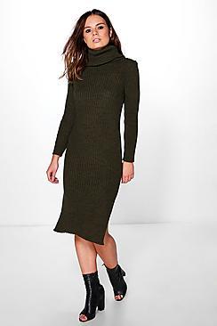 Boohoo Rachel Roll Neck Rib Knit Jumper Dress