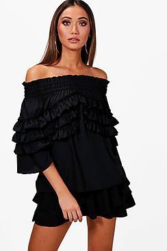 Boohoo Elisa Woven Micro Ruffle Off The Shoulder Top