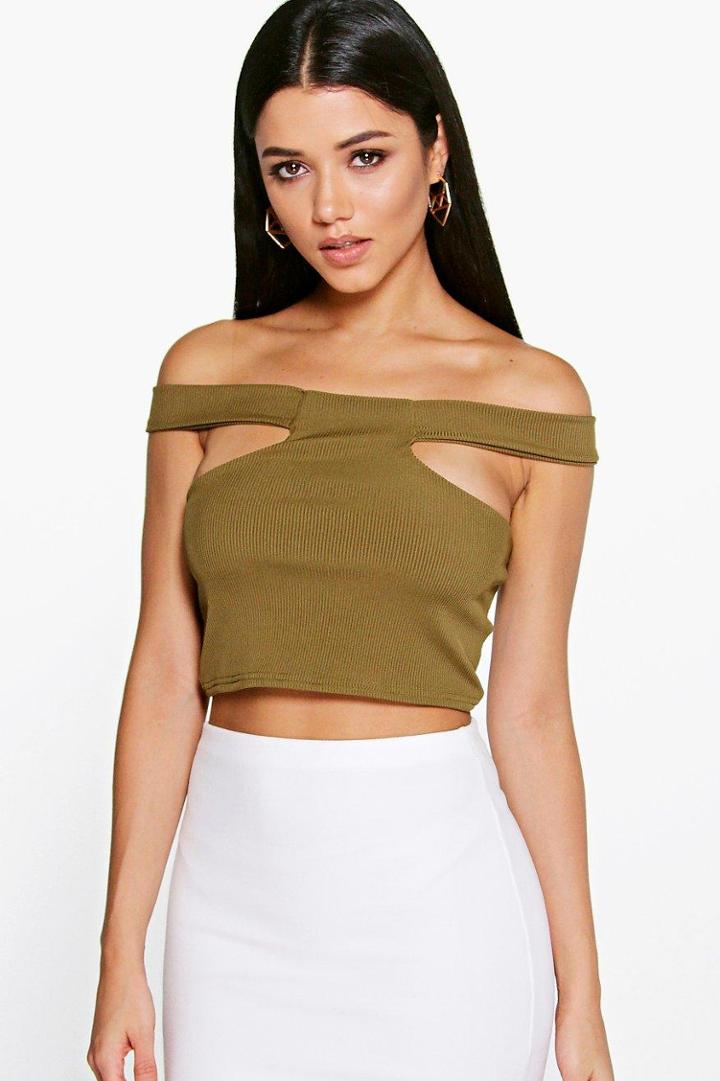 Boohoo Eliza Off The Shoulder Rib Cut Out Crop Olive