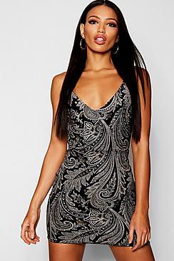 Boohoo Strappy Foiled Velvet Paisley Bodycon Dress