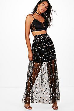 Boohoo Blaire Sequin Star Mesh Overlay Maxi Skirt