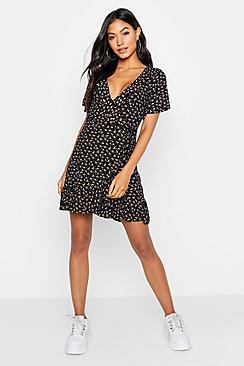 Boohoo Ditsy Floral Wrap Ruffle Tea Dress