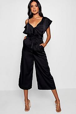 Boohoo Asymmetric Neckline Satin Wrap Culotte Jumpsuit