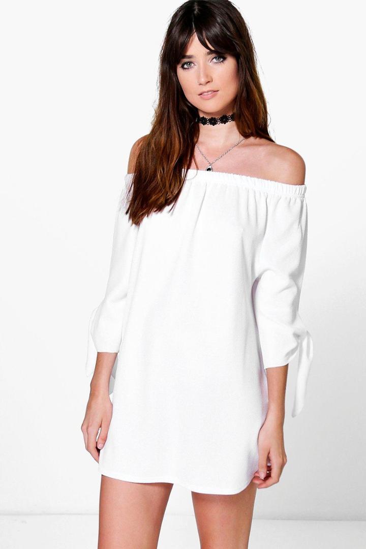 Boohoo Beth Off The Shoulder Tie Sleeve Shift Dress White