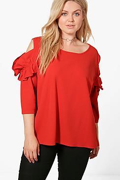 Boohoo Plus Lauren Frill Sleeve Cold Shoulder Top