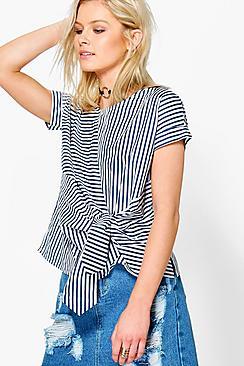 Boohoo Maisie Mixed Stripe Tie Front Shell Top
