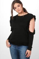 Boohoo Plus Maddie Ruffle Cold Shoulder Knit Jumper Black