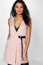 Boohoo Phoebe Belted Cross Front Sleeveless Duster Stone