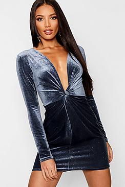 Boohoo Glitter Velvet Twist Front Plunge Bodycon Dress