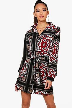 Boohoo Sarah Paisley Print Tie Waist Shirt Dress