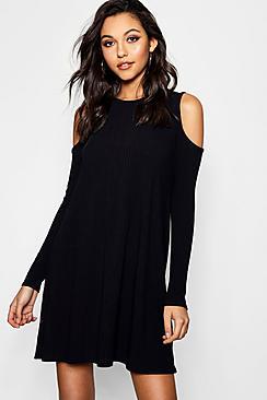 Boohoo Cold Shoulder Soft Knit Rib Swing Dress