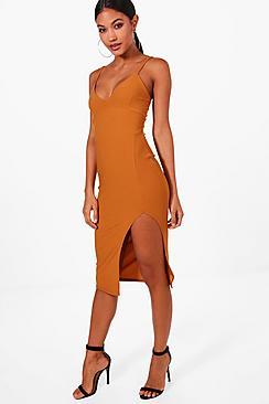 Boohoo Jessica Plunge Neck Side Split Midi Dress