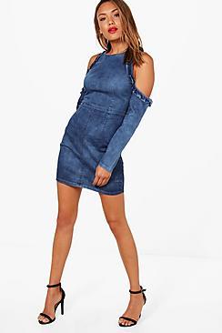 Boohoo Jackson Fray Edge Cold Shoulder Denim Dress