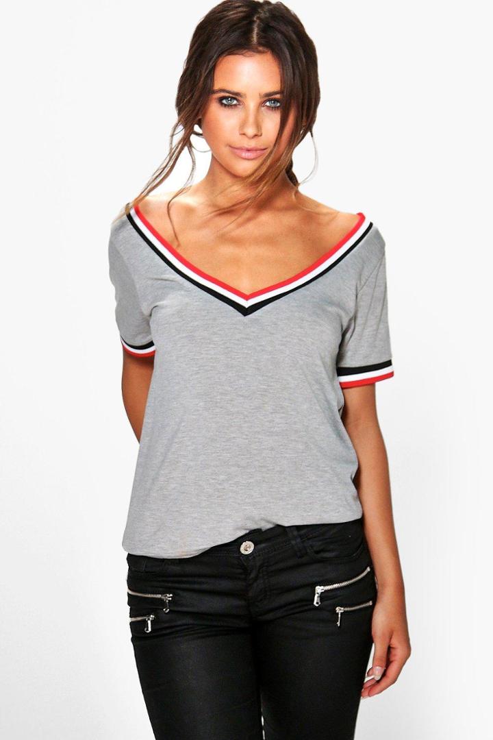 Boohoo Petite Faye Rib V Neck Tee Grey