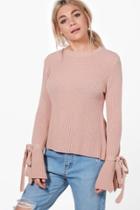 Boohoo Emma Tie Cuff Rib Knit Jumper Nude