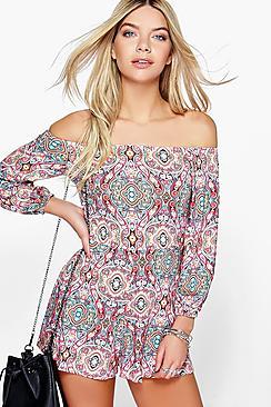 Boohoo Zoe Paisley Print Off Shoulder Playsuit