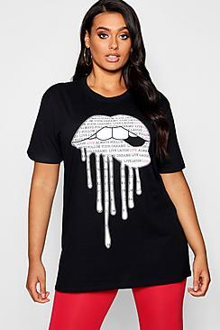 Boohoo Plus Slogan Text Lip Print T-shirt