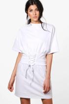 Boohoo Charlotte Corset Detail Short Sleeve Sweat Dress White