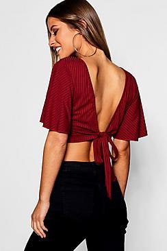 Boohoo Petite Tie Back Ribbed Top