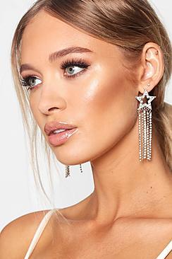 Boohoo Silver Star Diamante Statement Earrings