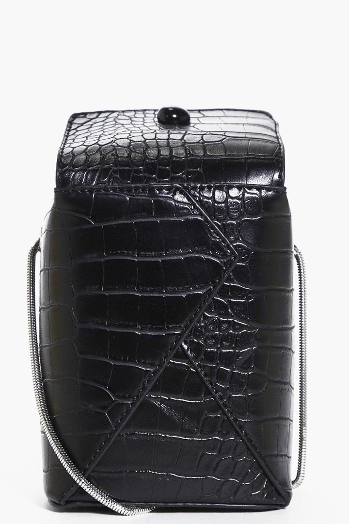Boohoo Libby Structured Mock Croc Box Cross Body Bag Black