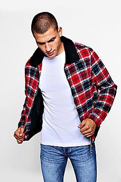 Boohoo Borg Collar Zip Through Wool Look Check Jacket