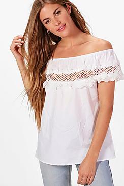 Boohoo Ava Woven Off The Shoulder Crochet Trim Top