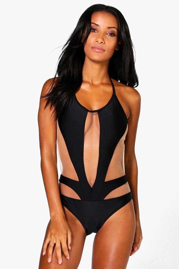 Boohoo Almunecar Body Mesh Cut Out Bathing Suit Black
