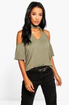 Boohoo Laura Cold Shoulder Tie Neck T-shirt Khaki