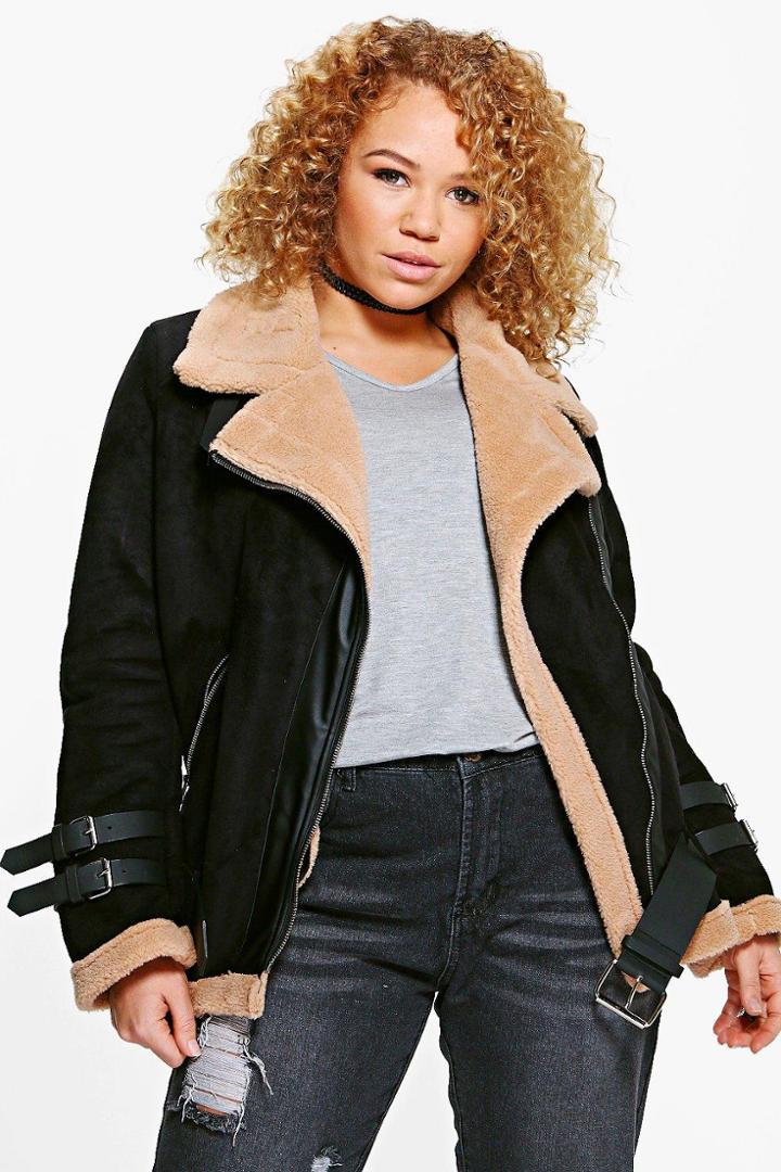 Boohoo Plus Maurie Faux Fur Lined Aviator Jacket Black