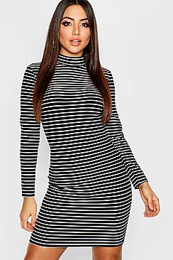 Boohoo High Neck Long Sleeve Ribbed Stripe Mini Dress