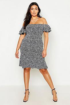 Boohoo Plus Off The Shoulder Polka Dot Ruffle Smock Dress