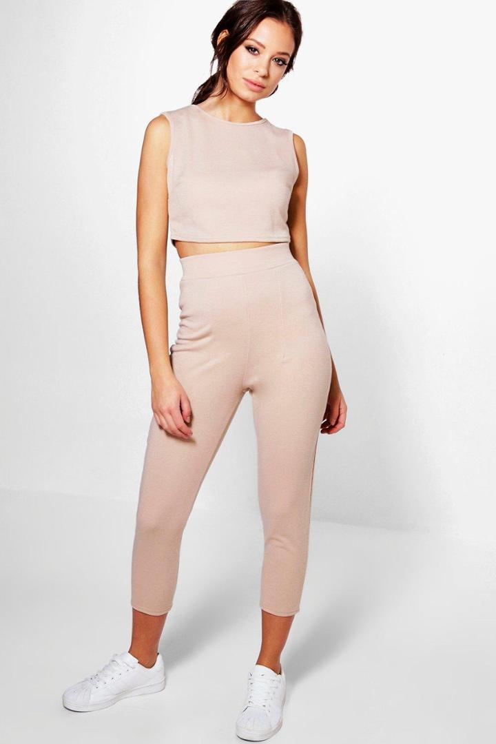 Boohoo Cara Crop Legging Knitted Loungeset Stone