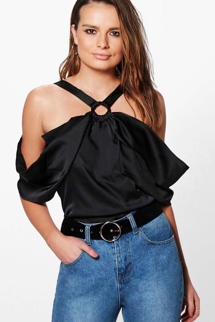 Boohoo Tia Cold Shoulder Ring Detail Satin Top Black