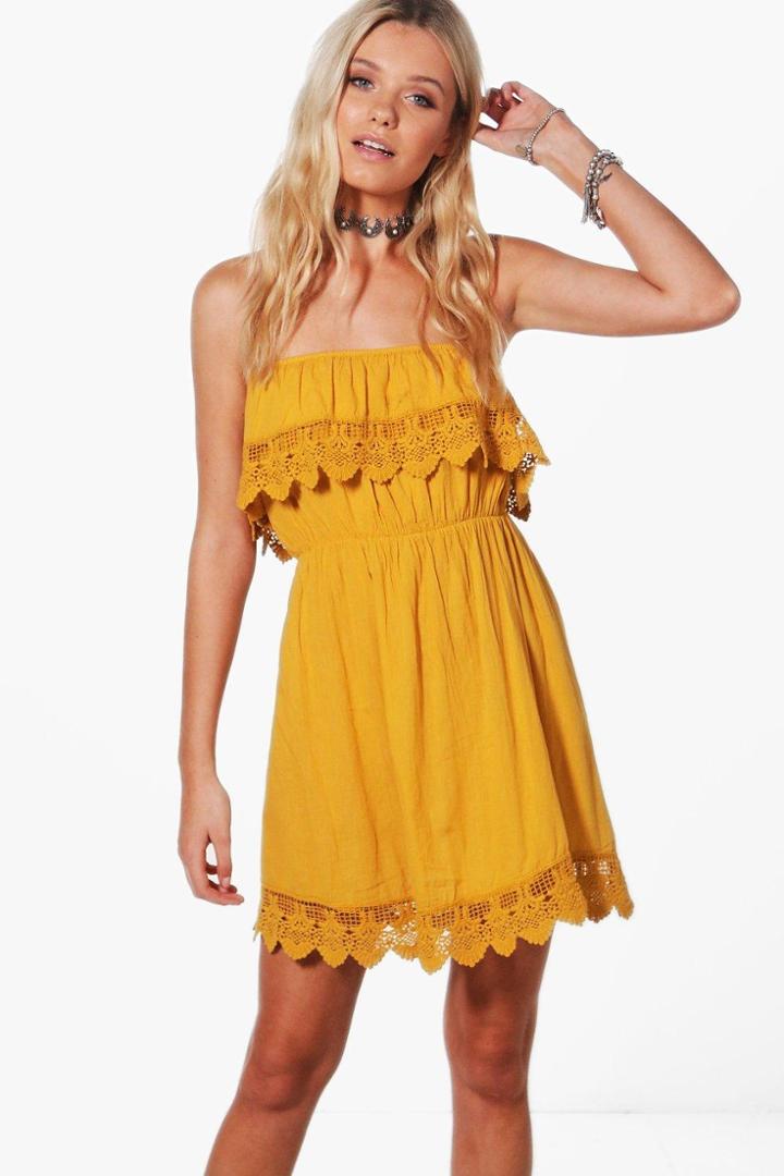 Boohoo Lilly Crochet Trim Sundress Mustard
