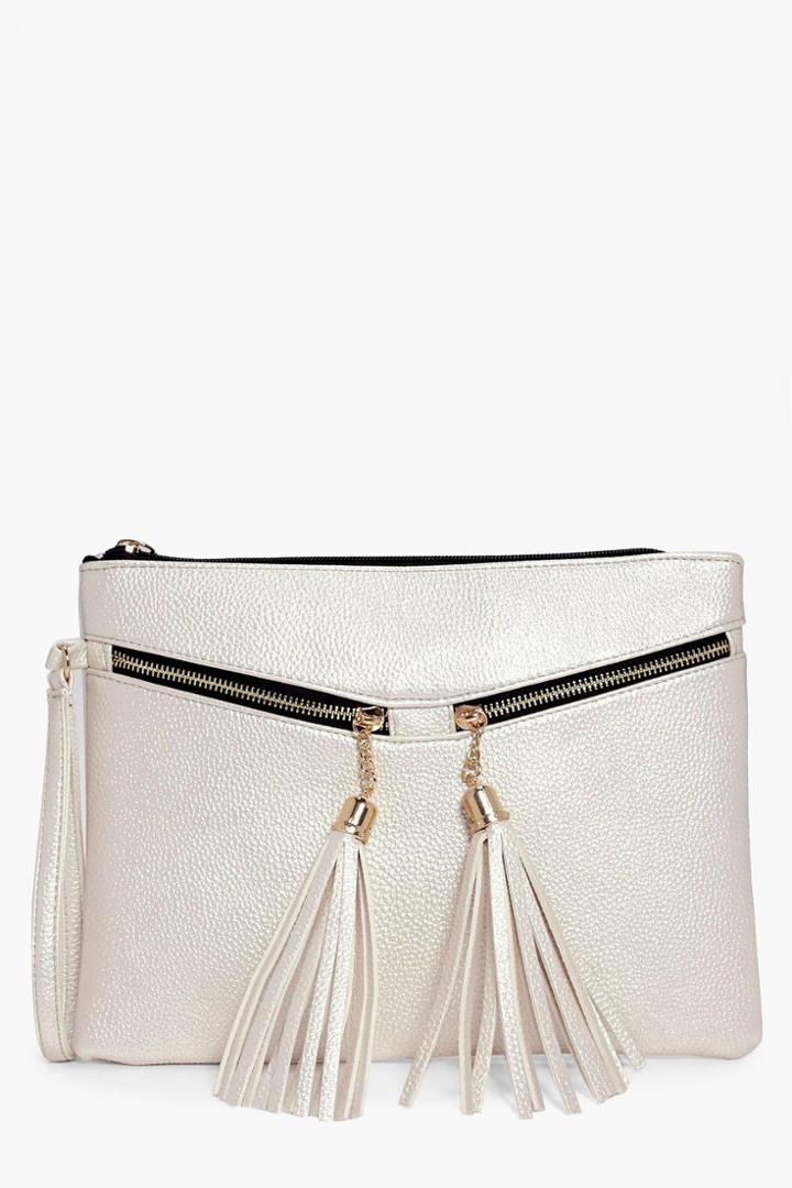 Boohoo Aaliyah Metallic Tassel Zip Clutch Bag Pearl