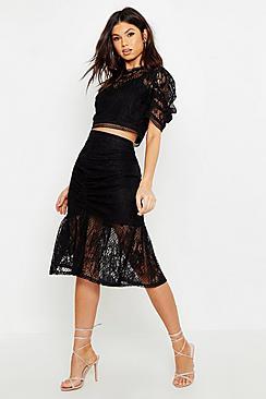 Boohoo Ruched Lace Midi Skirt
