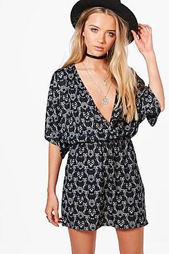 Boohoo Corin Paisley Wide Sleeve Wrap Skater Dress