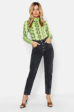 Boohoo Petite Washed Button Straight Leg Jean