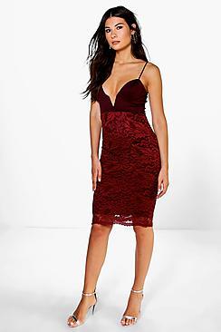 Boohoo Uma Plunge Neck Detail Lace Skirt Midi Dress