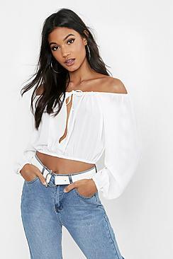 Boohoo Woven Puff Sleeve Off The Shoulder Top