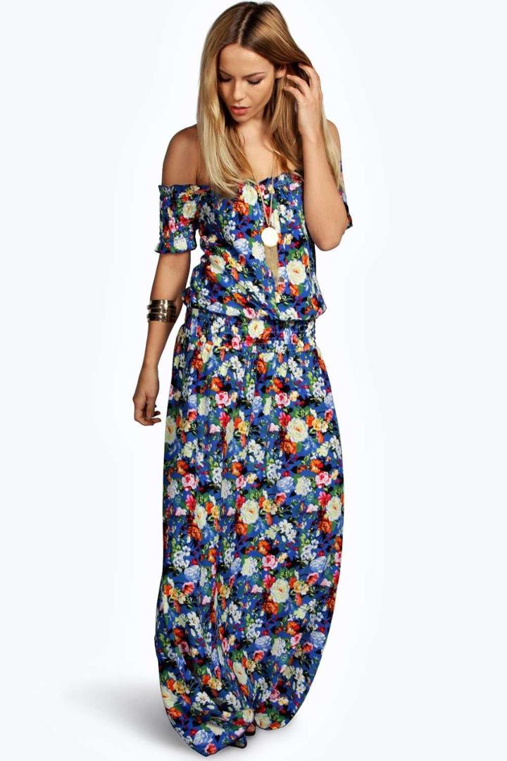 Boohoo Bea Woven Floral Off The Shoulder Maxi Dress Blue