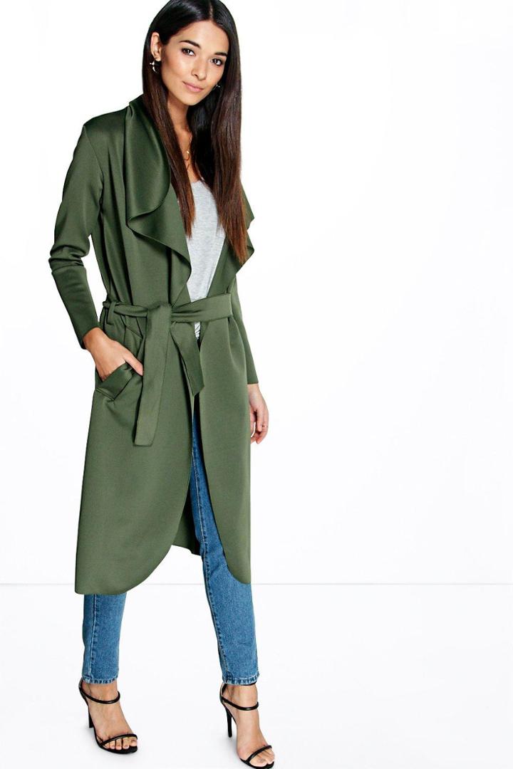 Boohoo Katie Shawl Collar Belted Duster Khaki